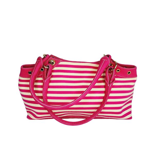 Sigrid Olsen Extra Large Pink & Cream Striped Fabric Tote Bag Shoulder Purse - Picture 1 of 14